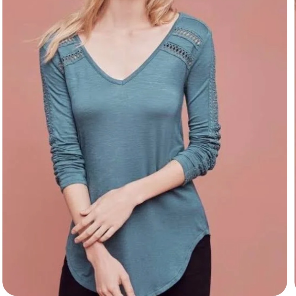 Anthropologie Deletta Laceline Teal Green Lace Inset Long sleeve MP